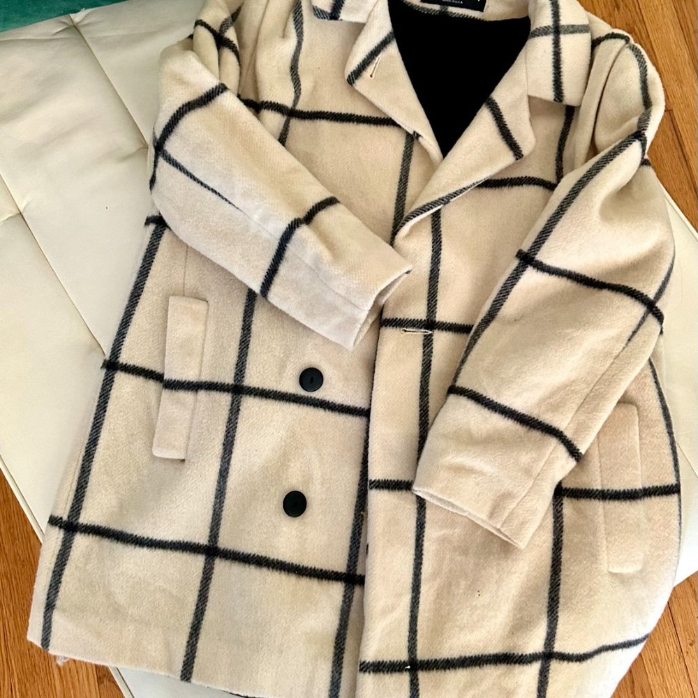 Vintage Alorna Greg Adams Cream Black Windowpane Double-Breasted Coat LARGE